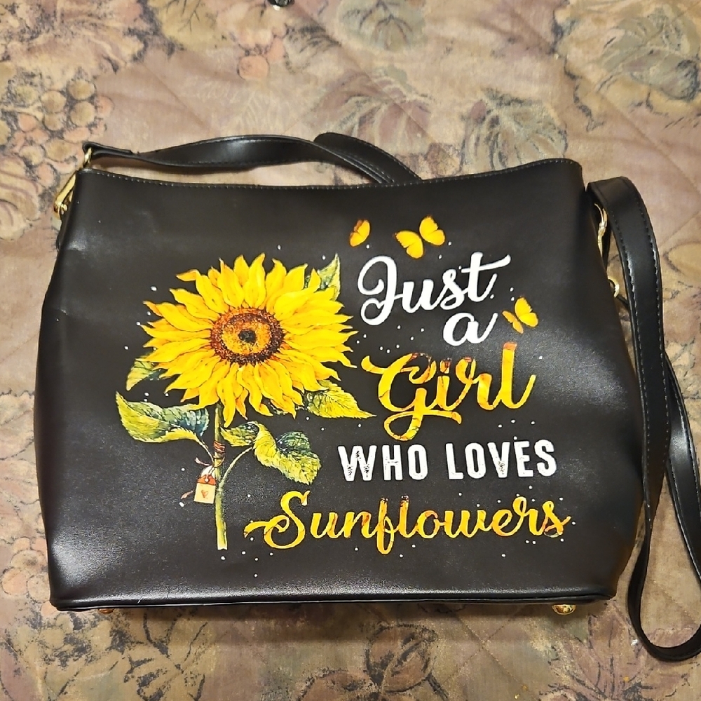 Black Sunflower Print Women's Bag